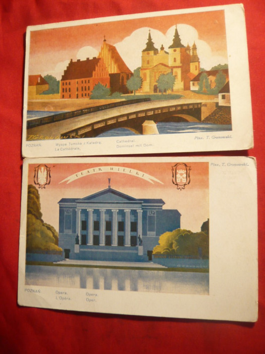 3 Ilustrate Poznan - Catedrala si Opera -litografii Expozitia Gen.1929 Polonia