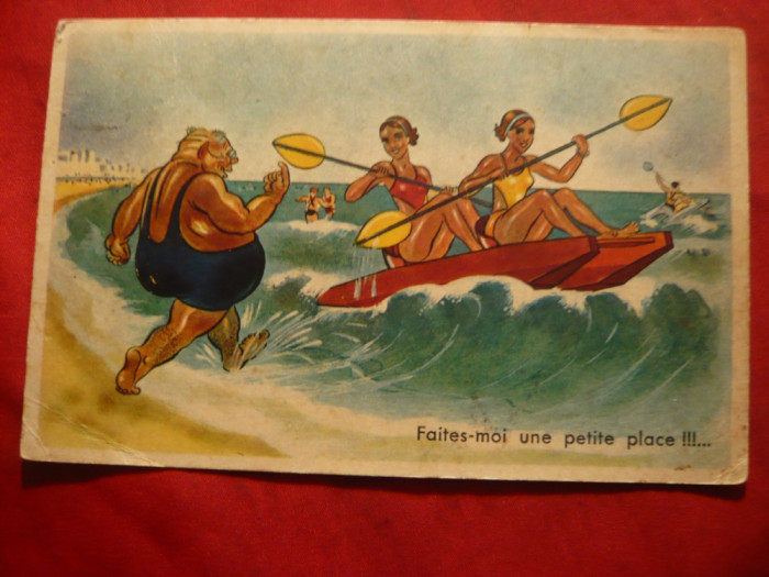 Ilustrata comica 1937 - 2 fete in caiac si un gras , circulat la Bucuresti