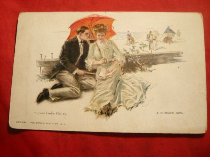 Ilustrata - Cuplu la mare - &quot;Fata pt. o vara&quot;,semnat Chandler Chris Ly 1908 SUA