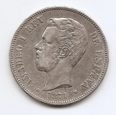 Spania 5 Pesetas 1871 - Amadeo I, Argint 25 g/900, 37 mm KM-666 (1) foto