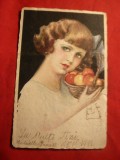 Ilustrata - Felicitare - Fetita cu cos de mere ,semnata , Ed. Ballerini 1931