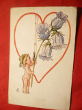Ilustrata - Pitic ,clopotel ,inima-semnata L ,circulat 1926 de la Focsani, Circulata, Printata