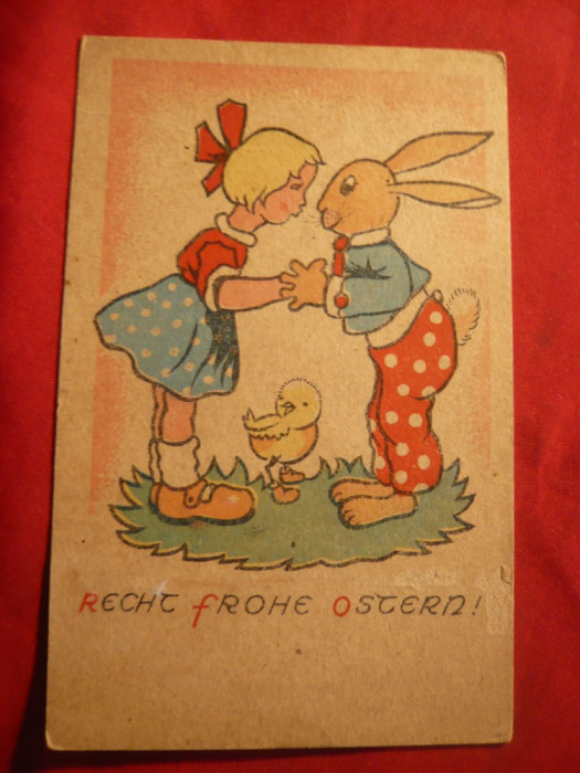 Ilustrata -Felicitare de Paste - Fetita si Iepure 1948