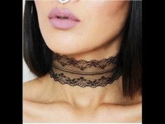 Sexy Gothic Punk Vintage Choker Lant Gat Piele Eco Alb Negru Snur Dantela foto