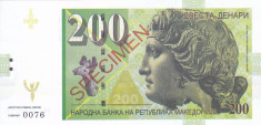 Bancnota Macedonia 200 Dinari 2013 - SPECIMEN ( proba pe hartie cu filigran ) foto