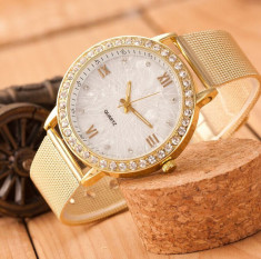 Ceas dama elegant fashion luxury style bratara metalica slim gold cristale foto