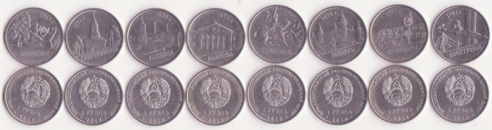 SV * Transnistria * MOLDOVA * SET 8 MONEDE / ORASE x 1 RUBLA 2014 * UNC