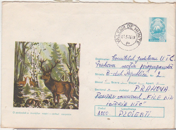 bnk ip Intreg postal 1975 - circulat - fauna - Cerbul carpatin