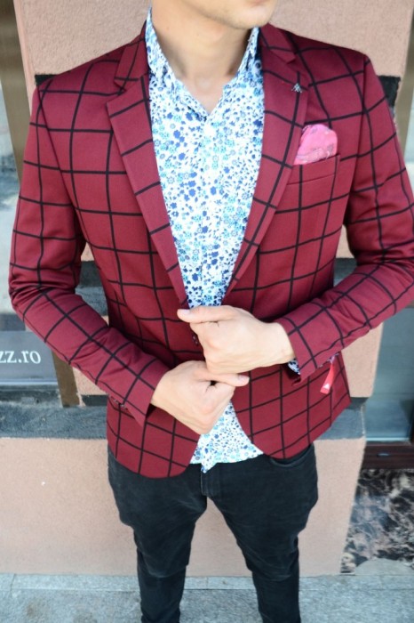 Sacou in carouri - grena visiniu - tip zara - slim fit - casual - elegant foto mare Sacou in carouri - grena visiniu - tip zara - slim fit - casual - elegant foto mare