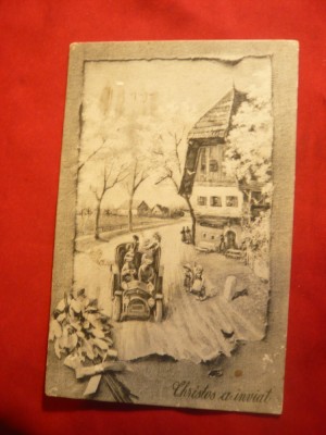 Ilustrata -Felicitare de Paste - Automobil la tara -litografie ,circulat 1916 foto