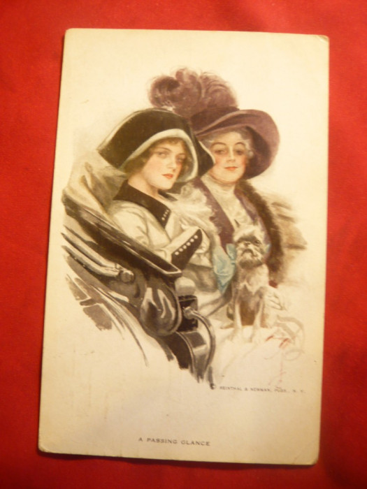 Ilustrata - 2 femei in trasura ,semnat Reinthal 1915 SUA