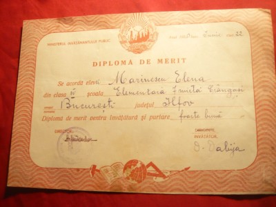 Diploma de Merit - Scoala elementara mixta nr.7 Crangasi Bucuresti 1950 foto