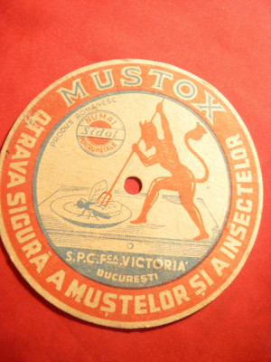 Suport vechi cu Reclama Mustox -otrava prod. romanesc ,Compania Sidol ,d=10,6 cm foto