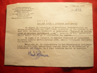 Adresa cu Antet a Conservatorului Ciprian Porumbescu catre prof. Ion Vicol 1968 foto