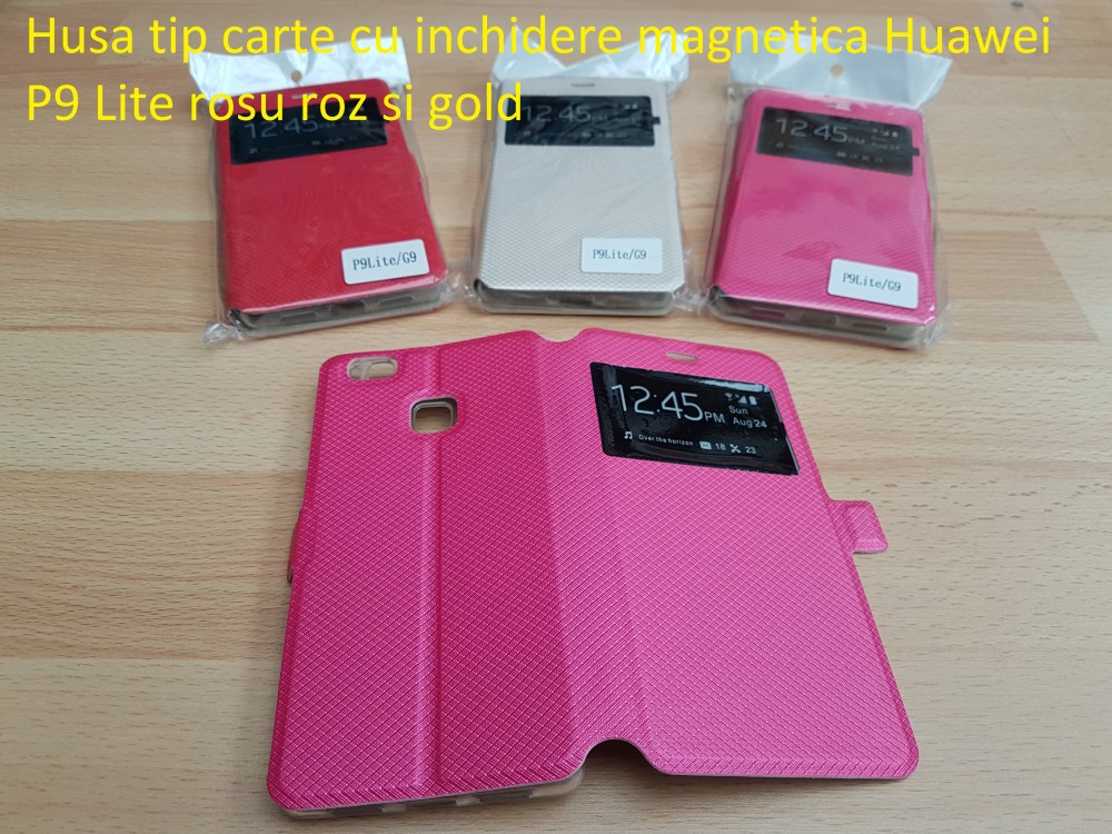 Husa tip carte cu inchidere magnetica Huawei P9 Lite rosu roz si gold, Alt  model telefon Huawei, Piele Ecologica | Okazii.ro