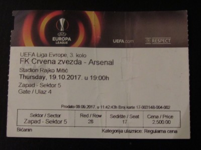 Bilet meci fotbal STEAUA ROSIE BELGRAD - ARSENAL LONDRA (19.10.2017) foto