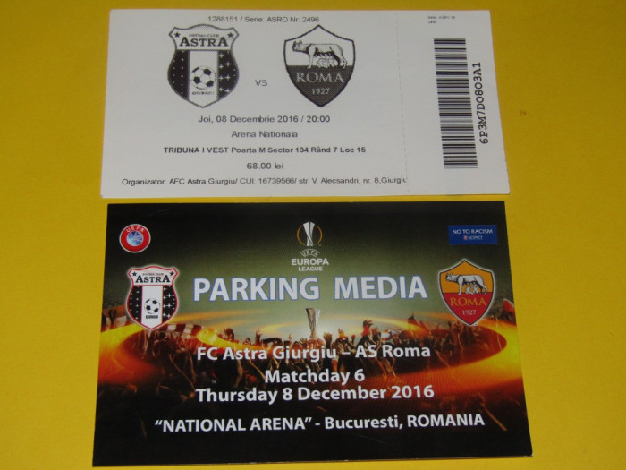 Bilet meci fotbal + parking ASTRA GIURGIU - AS ROMA (08.12.2016)