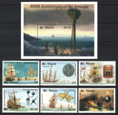 ST VINCENT 1988 - CORABII CU PANZE - SERIE DE 6 TIMBRE+BLOC NESTAMPILAT - MNH / navigatie111 foto