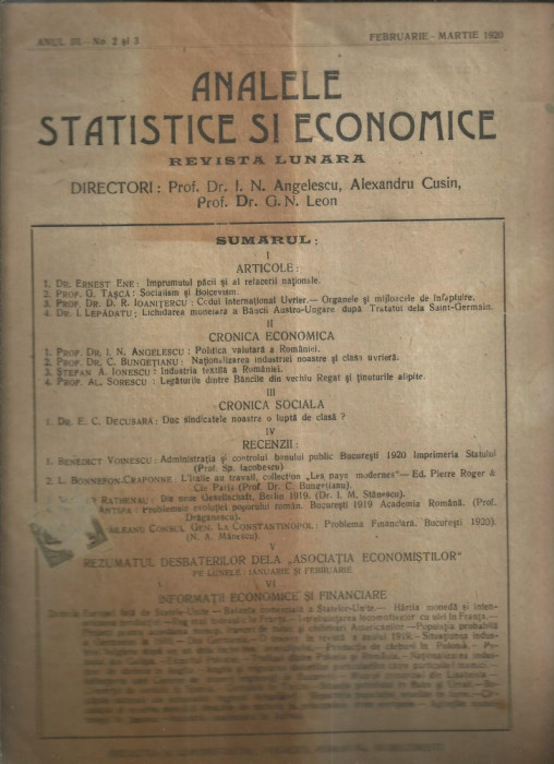 Revista ANALELE STATISTICE SI ECONOMICE - nr.2-3/1920, Bucuresti