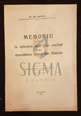 GRIGORE ANTIPA (DOCTOR), MEMORIU PRIVITOR LA APLICAREA UNUI PLAN CINCINAL PENTRU DESVOLTAREA PESCARIILOR STATULUI, BUCURESTI, 1937 foto