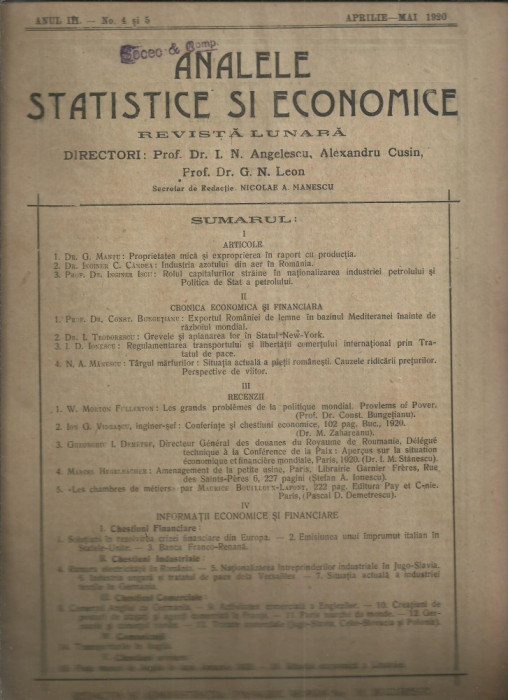 Revista ANALELE STATISTICE SI ECONOMICE - nr.4-5/1920,Bucuresti