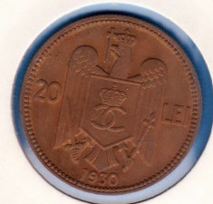 (R) MONEDA ROMANIA - 20 LEI 1930 CAROL II, STARE FOARTE BUNA, LUCIU DE BATERE foto