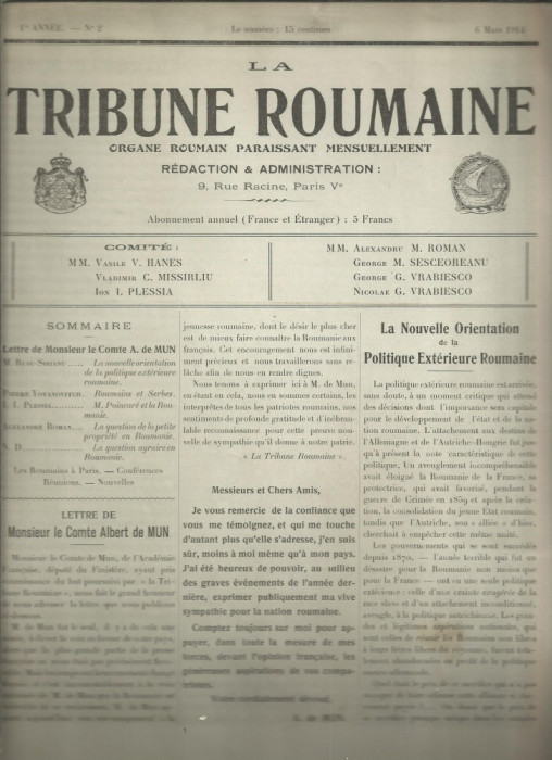 Revista LA TRIBUNE ROUMAINE - an I, nr.2 / 1914, Paris, rara