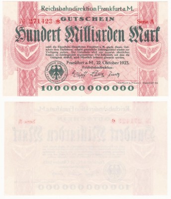 (1) BANCNOTA GERMANIA - CAILE FERATE FRANKFURT - 100 MILLIARDEN MARK 1923 - AUNC foto