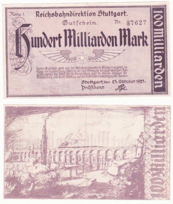 (2) BANCNOTA GERMANIA - REICHSBAHN STUTTGART - 100 MILLIARDEN MARK 1923 (2) BANCNOTA GERMANIA - REICHSBAHN STUTTGART - 100 MILLIARDEN MARK 1923