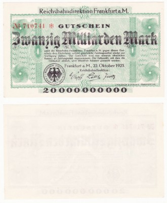 (1) BANCNOTA GERMANIA - CAILE FERATE FRANKFURT - 20 MILLIARDEN MARK 1923 - AUNC foto