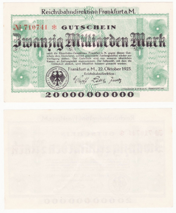 (1) BANCNOTA GERMANIA - CAILE FERATE FRANKFURT - 20 MILLIARDEN MARK 1923 - AUNC