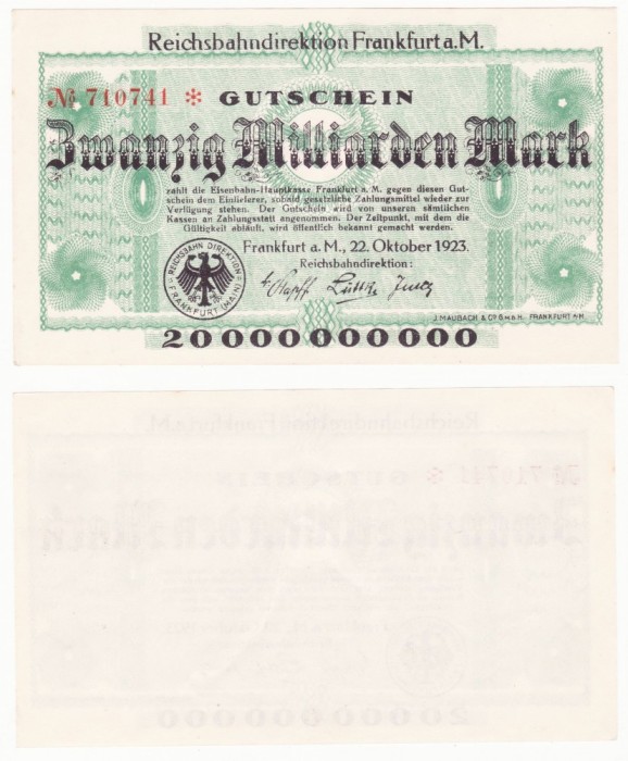 (1) BANCNOTA GERMANIA - CAILE FERATE FRANKFURT - 20 MILLIARDEN MARK 1923 - AUNC