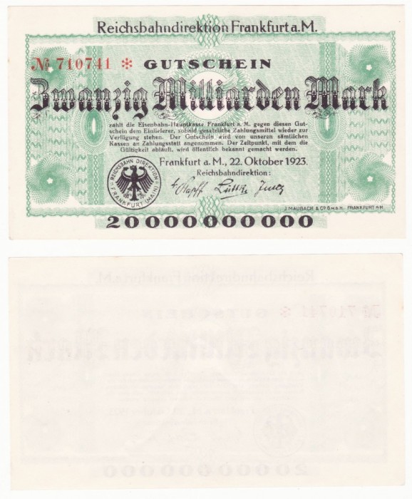 (1) BANCNOTA GERMANIA - CAILE FERATE FRANKFURT - 20 MILLIARDEN MARK 1923 - AUNC (1) BANCNOTA GERMANIA - CAILE FERATE FRANKFURT - 20 MILLIARDEN MARK 1923 - AUNC