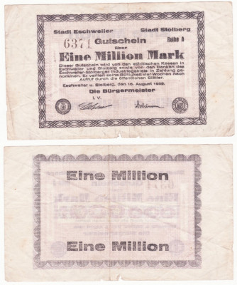 (1) BANCNOTA GERMANIA - ESCHWEILER SI STOLBERG - 1 MILLION MARK 1923 - MAI RARA foto