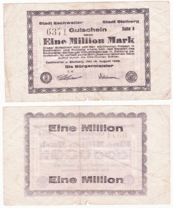 (1) BANCNOTA GERMANIA - ESCHWEILER SI STOLBERG - 1 MILLION MARK 1923 - MAI RARA