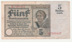 (1) BANCNOTA GERMANIA - 5 MARK (RENTENMARK) 1926 (2 IANUARIE) - MAI RARA foto