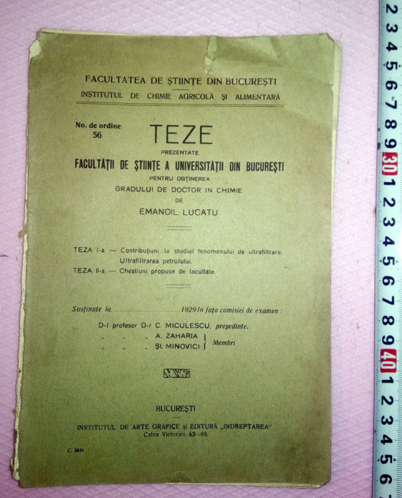CARTICICA VECHE -TEZE FAC DE STIINTE BUCURESTI -1929 , EMANOIL LUCATU