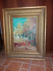 AMS* TABLOU PADURE TOAMNA, ULEI/CARTON NESEMNAT RAMA DE EPOCA DE LEMN ANII &#039;60