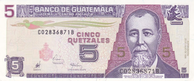 Bancnota Guatemala 5 Quetzales 1998 - P100 UNC foto