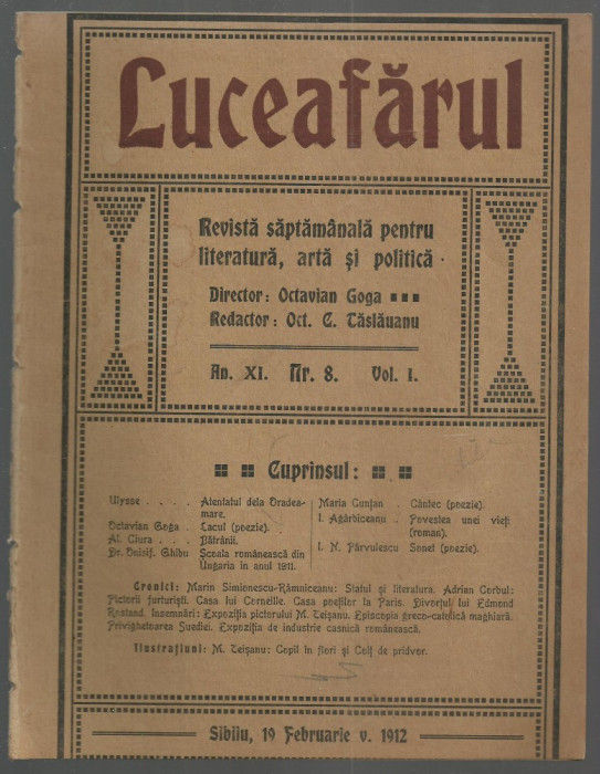 Revista LUCEAFARUL - literatura,arta si politica, dir.O.Goga, nr.8/1912,Sibiu