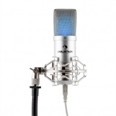 Auna MIC-900S-LED, argintiu, microfon condensator de studio USB, LED-uri foto