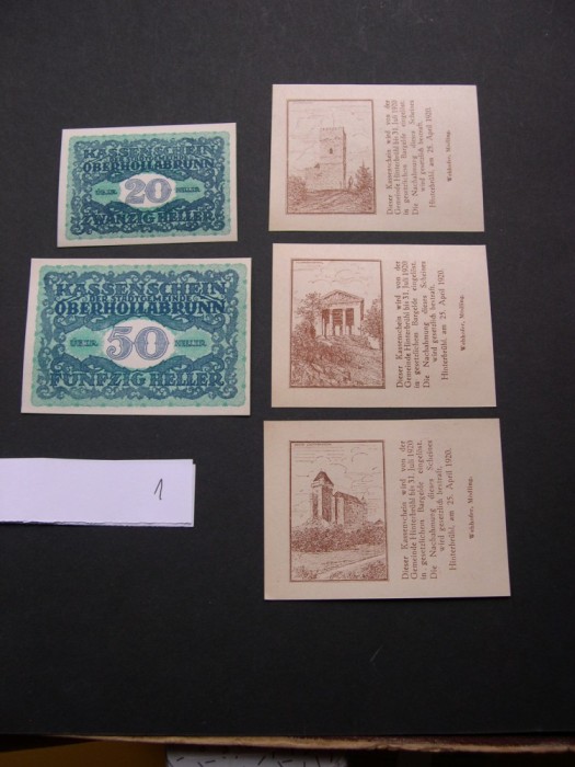 Lot 5 bucati notgeld, kassenschein HINTERBRUHL si OBERHOLLABRUN diferite 1920