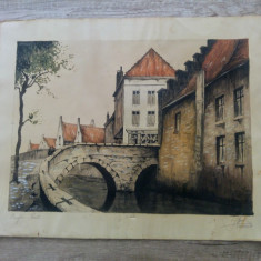 Bruges-Pont/ acuarela si penita, tus, datat 1945