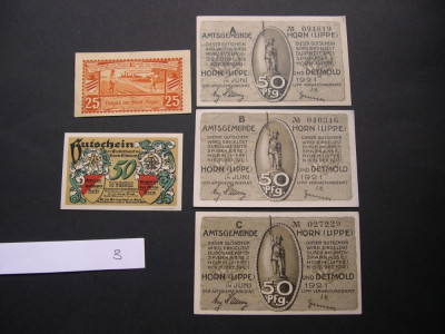 Lot 5 bucati notgeld, gutschein HORN (LIPPE) und DETMOD, HOYM si Hann. MUNDEN foto