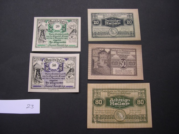 Lot 5 buc. notgeld, gutschein KREMSMUNSTER si GROSSARL diferite Austria