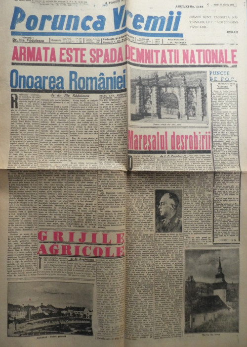 Ziarul nationalist Porunca Vremii , nr. 2188 / 1942 , Antonescu , Armata