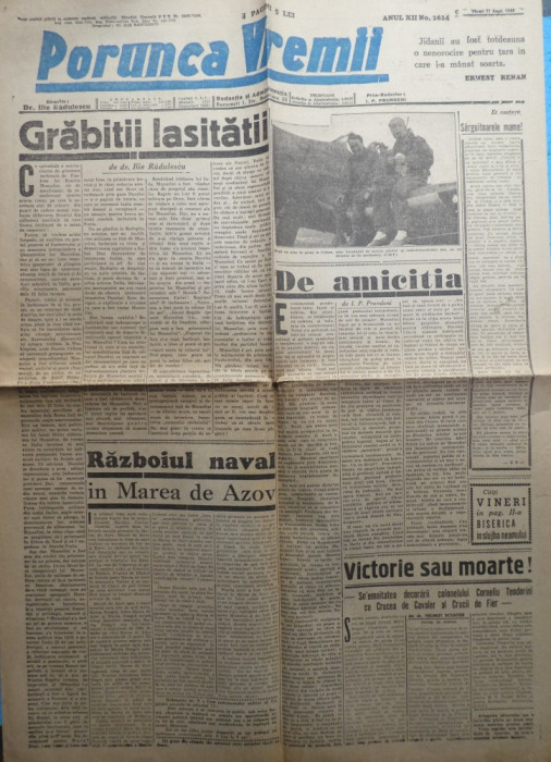 Ziarul de extrema dreapta Porunca Vremii , nr. 2624 / 1943 , Kuban , Azov