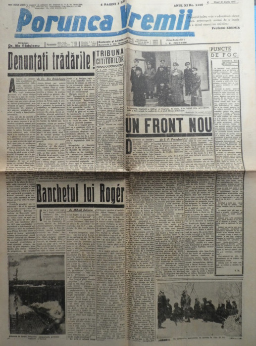 Ziarul nationalist si antisemit Porunca Vremii , nr. 2186 / 1942 , Antonescu