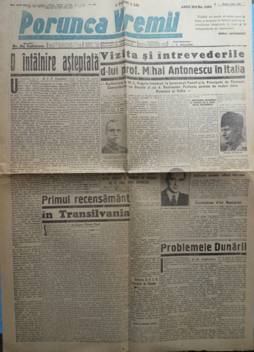 Ziarul nationalist Porunca Vremii , nr. 2561 / 1943 , Mihai Antonescu in Italia