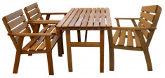 Set cu masa, banca si scaune din pin de culoarea stejarului baituit, dimensiuni masa:118x70x71cm, foto